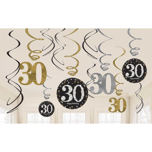 Gold Celebration 30th Swirl Decorations . Contains 6 Foil Swirls 45cm, 3 Swirls 60cm with Card Numbers, 3 Foil Swirls 60cm with Foil Numbers