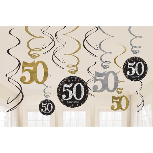 Gold Celebration 50th Swirl Decorations . Contains 6 Foil Swirls 45cm, 3 Swirls 60cm with Card Numbers, 3 Foil Swirls 60cm with Foil Numbers