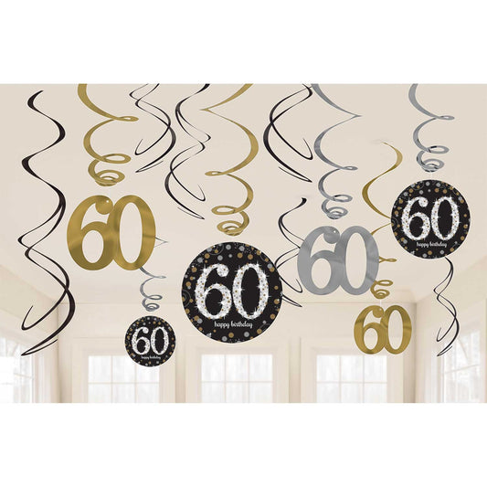Gold Celebration 60th Swirl Decorations . Contains 6 Foil Swirls 45cm, 3 Swirls 60cm with Card Numbers, 3 Foil Swirls 60cm with Foil Numbers
