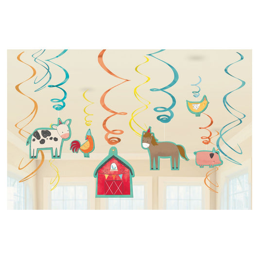 Barnyard Birthday Swirl Decorations includes 6 Foil Swirl Decorations| 3 Foil Swirl Decorations with 17.7cm Cut-outs and 3 Foil Swirl Decorations with 12.7cm Cut-outs