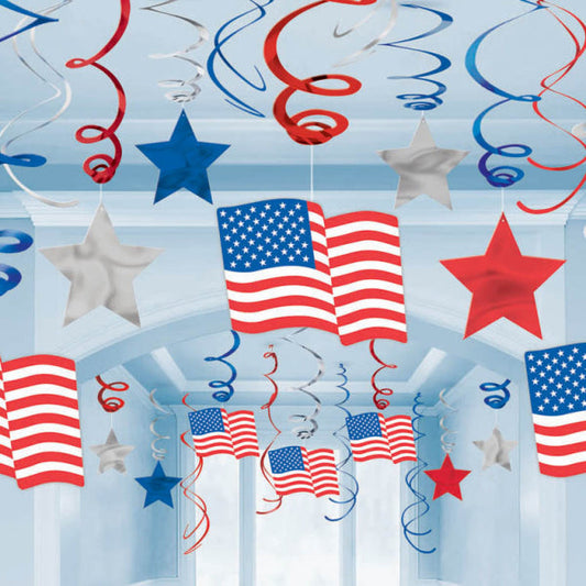 USA Mega Value Pack Hanging Swirl Decorations: swirls only measure 45cm; swirls with cutouts measure 60cm
