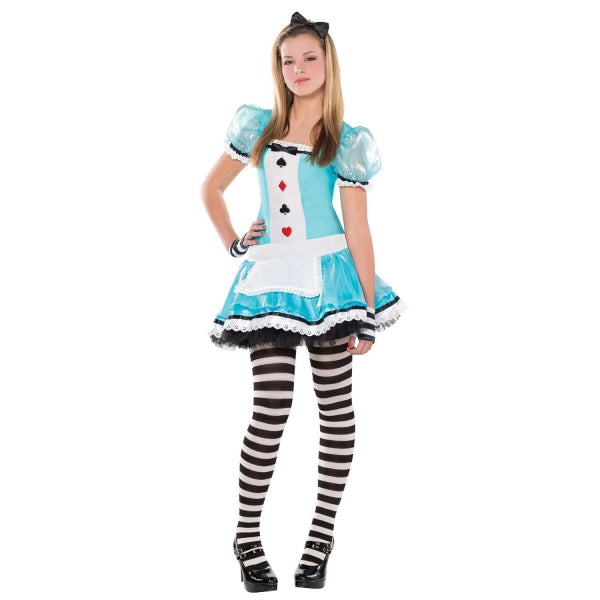 Girls Clever Alice Fancy Dress Costume includes dress| headband| glovelets and tights. This Wonderland Alice Costume features a blue dress with fun details such as playing card suits printed on the bodice| an attached apron| ruffle trim and black bow headband| black and white striped glovelets and matching striped tights.