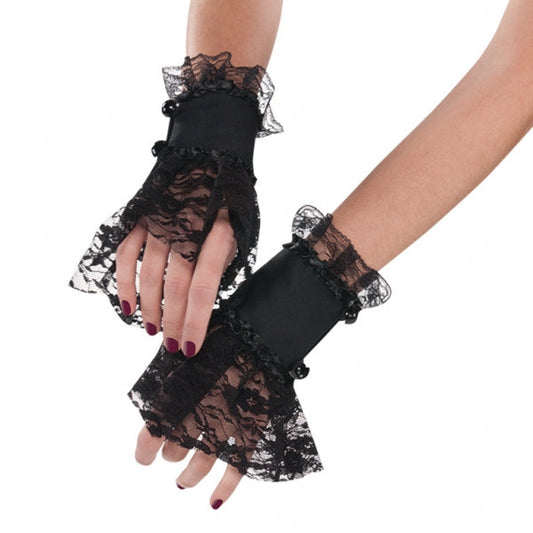 Goth Lace Cuffs feature floral patterned black lace flares out of the top and drapes gracefully over the hand, with a matching black lace ruffle along the wrist opening of the black polyester satin cuffs. With large shiny black buttons on the top.
