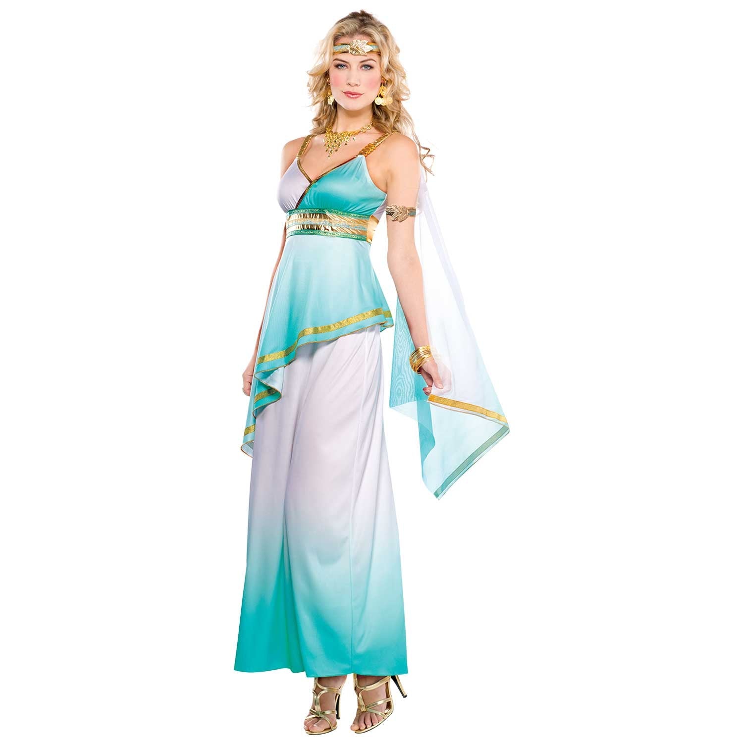 Ladies Grecian Goddess Costume includes dress, headband and arm band. The Grecian Goddess Costume features a full-length dress with a faux wrap neckline, empire waist, gold trim and beautiful blue ombre effect. With a matching teal headband with a gold leaf applique.