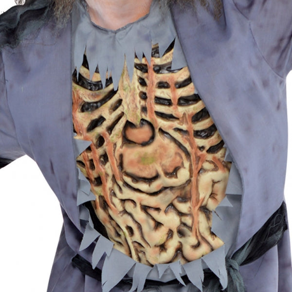 Zombie Corpse Mens Fancy Dress Costume features a blue and grey tattered shirt with an attached chest piece that is moulded to look like fleshy insides. The coordinating trousers also have moulded bone accents attached. Finish this Corpse Zombie Costume with the bone gloves and the over-the-head latex mask, complete with crazily crimped hair. Adult Corpse Zombie Halloween Costume includes shirt, trousers, latex mask and gloves.