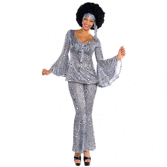 Ladies 1970s Disco Dancing Queen Fancy Dress Costume features 1970s-inspired flare-bottom pants with an elastic waist and a bell-sleeve top. This costumes jive style is enhanced by iridescent sequins. The Groovy 70s look is completed with the matching sequin headscarf. 