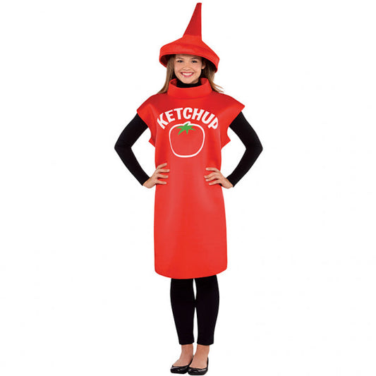 Adult Ketchup Bottle Costume includes tunic and hat. One-piece fabric tunic with open armholes for movement and Ketchup printed on the front in a retro-style font and a red fabric spout hat