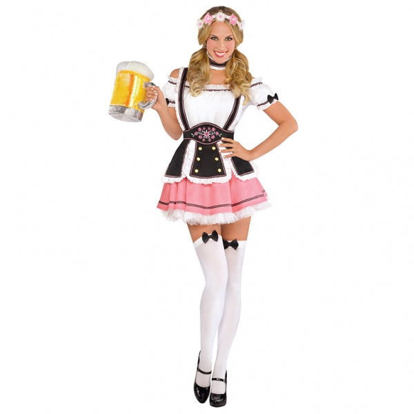 Ladies Oktobermiss Beer Maid Fancy Dress Costume features a woven pink and black dress and a lightweight blouse with elastic off-the-shoulder sleeves. The embroidered and button-embellished apron with attached suspenders has a large bow at the back with hook-and-loop closure for easy wear. Top off the look with the matching embroidered choker, thigh highs with bows and an elastic flower headband. Oktobermiss Beer Maid Costume includes dress, apron, attached suspenders, headband, choker and thigh highs.