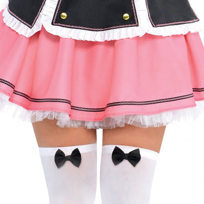 Ladies Oktobermiss Beer Maid Fancy Dress Costume features a woven pink and black dress and a lightweight blouse with elastic off-the-shoulder sleeves. The embroidered and button-embellished apron with attached suspenders has a large bow at the back with hook-and-loop closure for easy wear. Top off the look with the matching embroidered choker, thigh highs with bows and an elastic flower headband. Oktobermiss Beer Maid Costume includes dress, apron, attached suspenders, headband, choker and thigh highs.