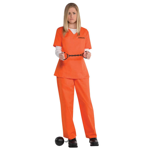Orange is the new black. Ladies Orange Inmate Costume includes shirt and trouser. This prisoner costume makes orange look good on everyone! The comfortable prisoner shirt has -INMATE- printed on the front and -PENITENTIARY- printed on the back. Comes with matching orange trousers.