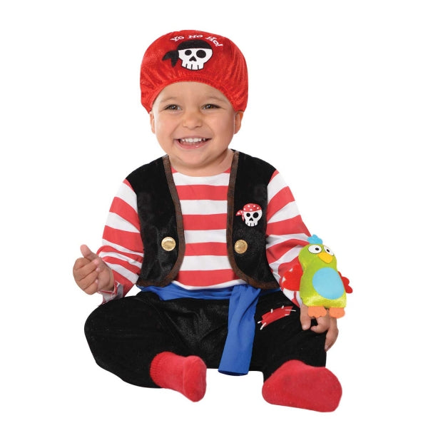 Baby Buccaneer Pirate Fancy Dress Costume includes jumpsuit with attached vest| blue waist sash| velcro release bandanna and plush parrot toy. The jumpsuit has red and white stripes and black trousers with a faux patch on one knee. The attached vest comes with gold foil buttons. The look is completed with the blue waist sash| red velcro release bandanna and plush parrot toy. Materials: 100% polyester. Care instructions: Hand wash cold| line dry. Remove accessories before washing