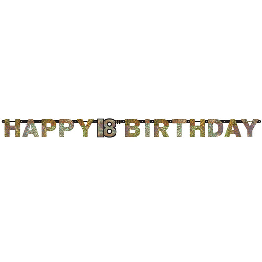 Gold Celebration 18th Happy Birthday Prismatic Letter Banner. 2.13m x 17cm