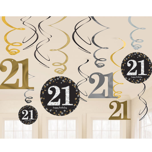 Gold Celebration 21st Swirl Decorations . Contains 6 Foil Swirls 45cm, 3 Swirls 60cm with Card Numbers, 3 Foil Swirls 60cm with Foil Numbers