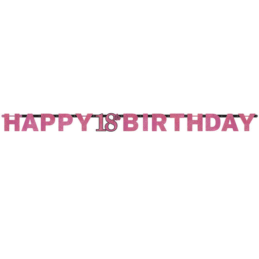 Pink Celebration 18th Happy Birthday Prismatic Letter Banner. 2.13m x 17cm