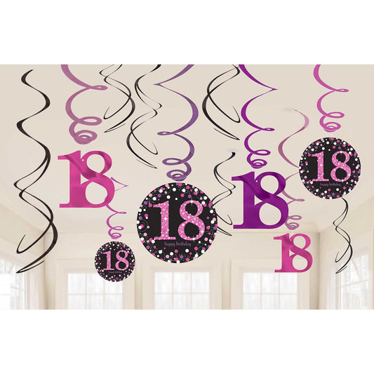 Pink Celebration 18th Swirl Decorations . Contains 6 Foil Swirls 45cm, 3 Swirls 60cm with Card Numbers, 3 Foil Swirls 60cm with Foil Numbers