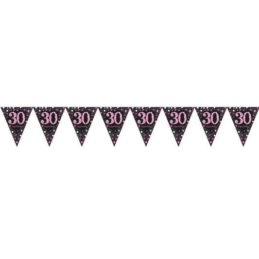 Pink Celebration 30th Birthday Prismatic Pennant Banner. 4m.