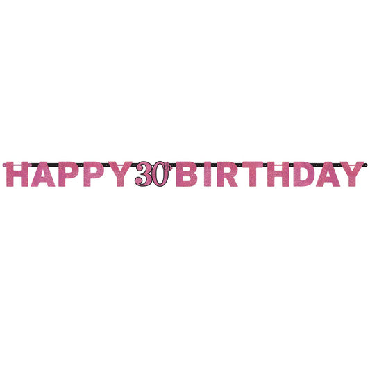 Pink Celebration 30th Happy Birthday Prismatic Letter Banner. 2.13m x 17cm