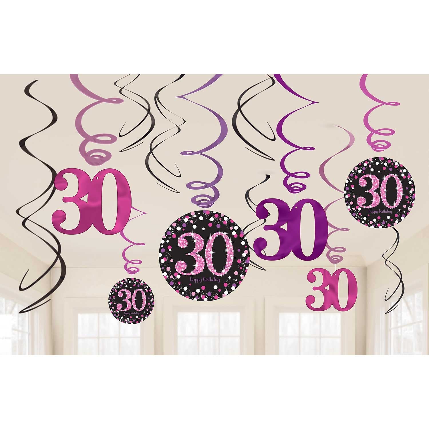 Pink Celebration 30th Swirl Decorations . Contains 6 Foil Swirls 45cm, 3 Swirls 60cm with Card Numbers, 3 Foil Swirls 60cm with Foil Numbers
