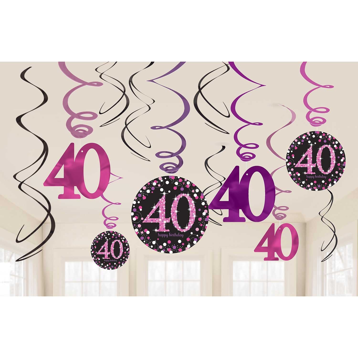 Pink Celebration 40th Swirl Decorations . Contains 6 Foil Swirls 45cm, 3 Swirls 60cm with Card Numbers, 3 Foil Swirls 60cm with Foil Numbers