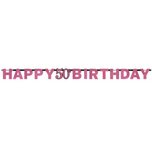 Pink Celebration 50th Happy Birthday Prismatic Letter Banner. 2.13m x 17cm