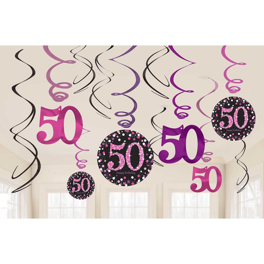 Pink Celebration 50th Swirl Decorations . Contains 6 Foil Swirls 45cm, 3 Swirls 60cm with Card Numbers, 3 Foil Swirls 60cm with Foil Numbers