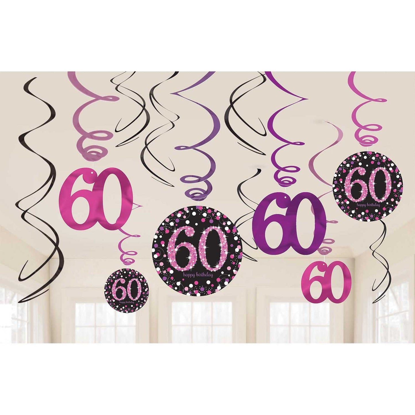 Pink Celebration 60th Swirl Decorations . Contains 6 Foil Swirls 45cm, 3 Swirls 60cm with Card Numbers, 3 Foil Swirls 60cm with Foil Numbers