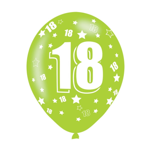 18th Birthday Latex Balloons. Each balloon inflates up to 27.5cm. Suitable for use with air or helium. Pack includes assorted colours.