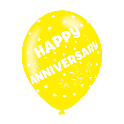 Happy Anniversary Latex Balloons. Assorted Colours. Will inflate up to 27cm. Suitable for Air fill or Helium fill.
