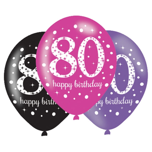 Pink Celebration 80th Birthday Latex Balloons. Will inflate up to 27cm. Suitable for Air fill or Helium fill.