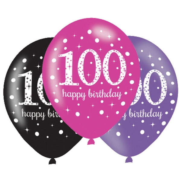 Pink Celebration 100th Birthday Latex Balloons. Will inflate up to 27cm. Suitable for Air fill or Helium fill.