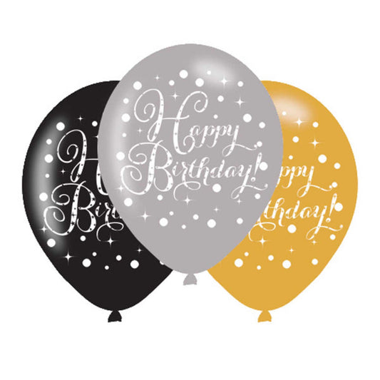 Gold Celebration Happy Birthday Latex Balloons. Will inflate up to 27cm. Suitable for Air fill or Helium fill.