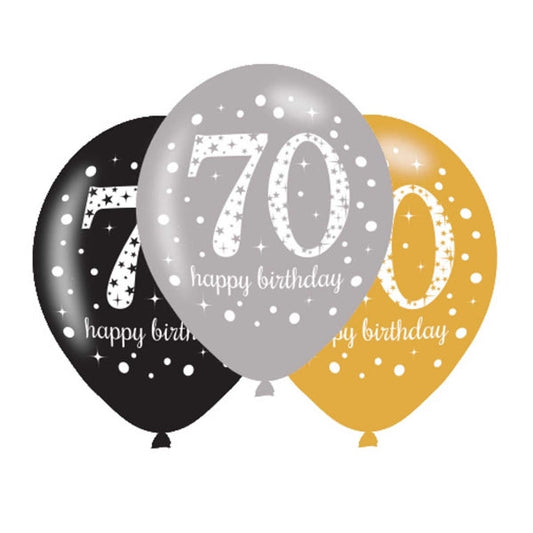 Gold Celebration 70th Birthday Latex Balloons. Will inflate up to 27cm. Suitable for Air fill or Helium fill.