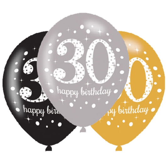 Gold Celebration 30th Birthday Latex Balloons. Will inflate up to 27cm. Suitable for Air fill or Helium fill.