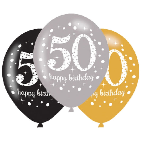 Gold Celebration 50th Birthday Latex Balloons. Will inflate up to 27cm. Suitable for Air fill or Helium fill.
