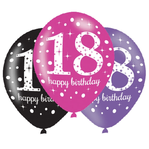 Pink Celebration 18th Birthday Latex Balloons. Will inflate up to 27cm. Suitable for Air fill or Helium fill.