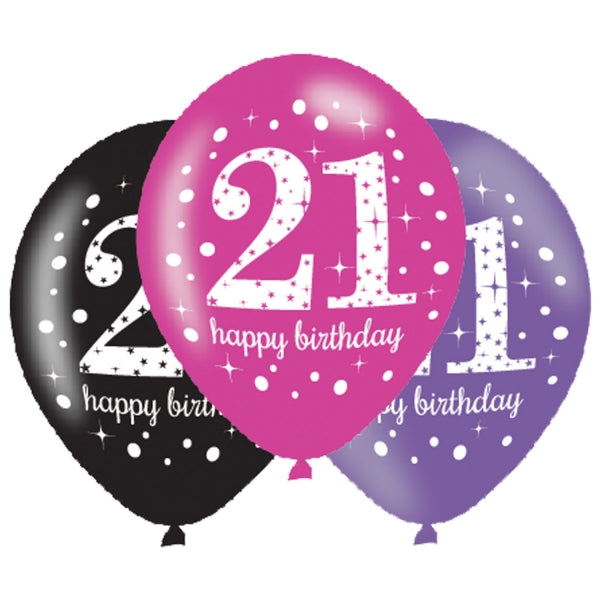 Pink Celebration 21st Birthday Latex Balloons. Will inflate up to 27cm. Suitable for Air fill or Helium fill.