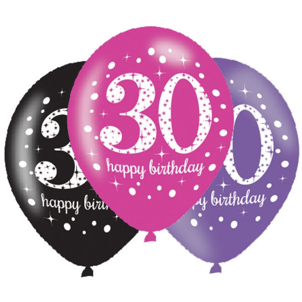 Pink Celebration 30th Birthday Latex Balloons. Will inflate up to 27cm. Suitable for Air fill or Helium fill.