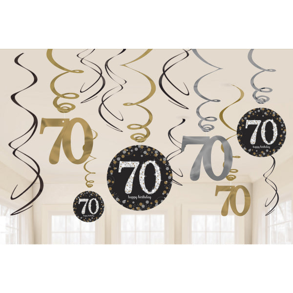 Gold Celebration 70th Swirl Decorations . Contains 6 Foil Swirls 45cm, 3 Swirls 60cm with Card Numbers, 3 Foil Swirls 60cm with Foil Numbers