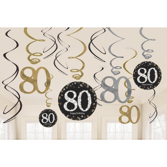 Gold Celebration 80th Swirl Decorations . Contains 6 Foil Swirls 45cm, 3 Swirls 60cm with Card Numbers, 3 Foil Swirls 60cm with Foil Numbers