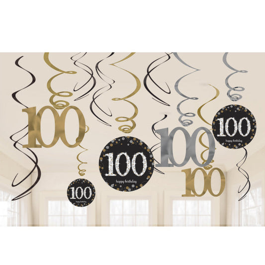Gold Celebration 100th Swirl Decorations . Contains 6 Foil Swirls 45cm, 3 Swirls 60cm with Card Numbers, 3 Foil Swirls 60cm with Foil Numbers