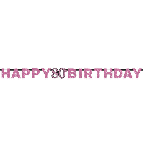 Pink Celebration 80th Happy Birthday Prismatic Letter Banner. 2.13m x 17cm