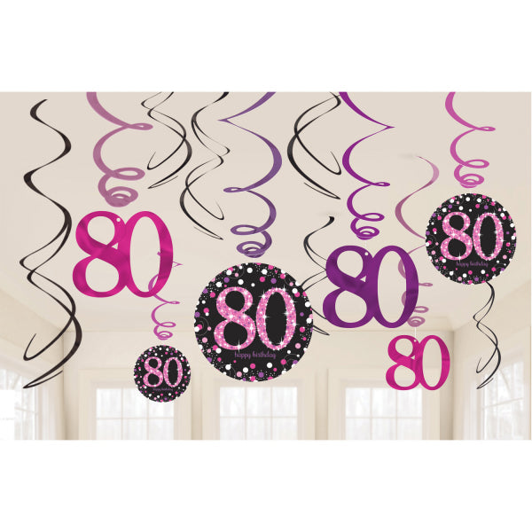 Pink Celebration 80th Swirl Decorations . Contains 6 Foil Swirls 45cm, 3 Swirls 60cm with Card Numbers, 3 Foil Swirls 60cm with Foil Numbers