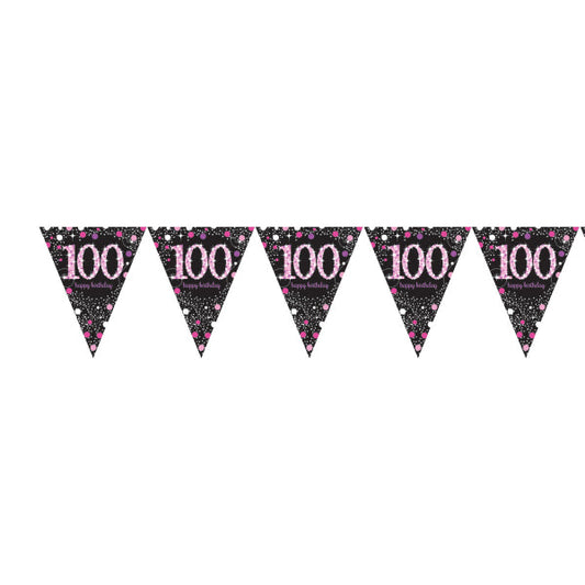 Pink Celebration 100th Birthday Prismatic Pennant Banner. 4m.