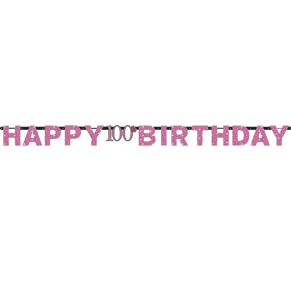 Pink Celebration 100th Happy Birthday Prismatic Letter Banner. 2.13m x 17cm