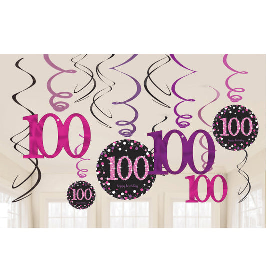 Pink Celebration 100th Swirl Decorations . Contains 6 Foil Swirls 45cm, 3 Swirls 60cm with Card Numbers, 3 Foil Swirls 60cm with Foil Numbers