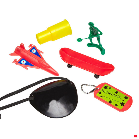 Fun For Boys Value Favour Pack includes 4 Airplanes, 4 Sirens, 4 Dog Tags, 4 Army Soldiers, 4 Eye Patches and 4 Finger Skateboards