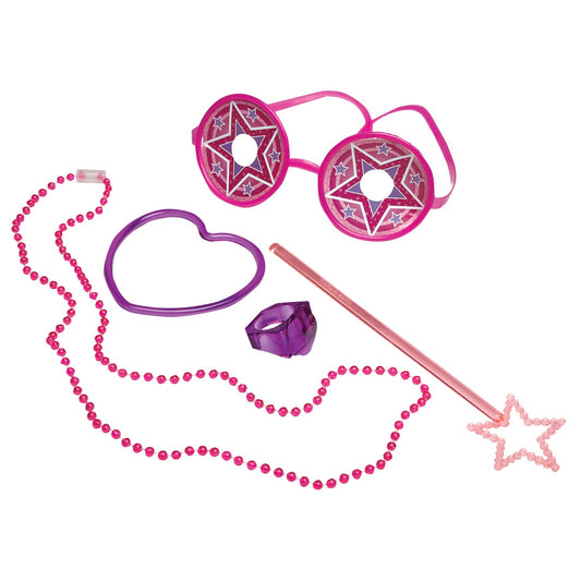 Fashion Fun Value Favour Pack includes 8 Star Wands, 8 Cyrstal Rings, 8 Glasses, 8 Heart Bracelets, 8 Bead Necklaces and 8 Lip Whistles