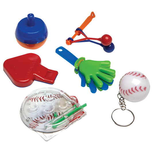 Sports Party Value Favour Pack includes 8 Spinning Tops, 8 Click Clack Balls, 8 Sport Ball Keychains, 8 Sport Pinball Games, 8 Two Tone Whistles and 8 Mini Hand Clappers