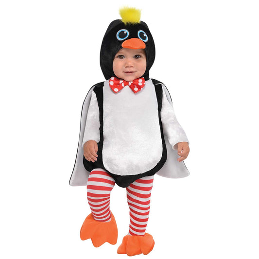 Baby Waddles Penguin Costume includes jumpsuit, hood, tights and booties. The matching hood has an attached trunk that hangs below the chin and giant polka dot ears. This baby-friendly costume comes with a pink flower rattle that can be worn around the wrist. Slip on the booties to keep your little elephant nice and warm.