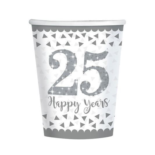 Sparkling Silver 25th Anniversary Paper Cups 266ml